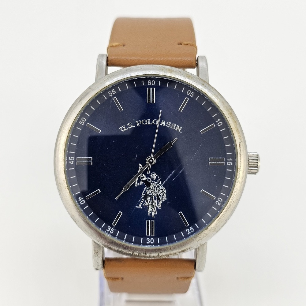 US Polo Assn Men's Watch 46MM Blue Dial Brown Faux Leather Bands New Battery